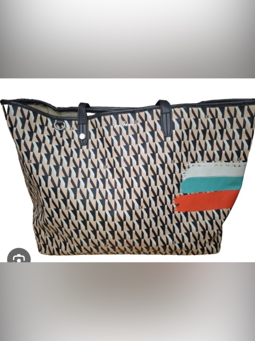Sam Edelman Geometric Patterned Tote in Beige, Black and Teal Accent
